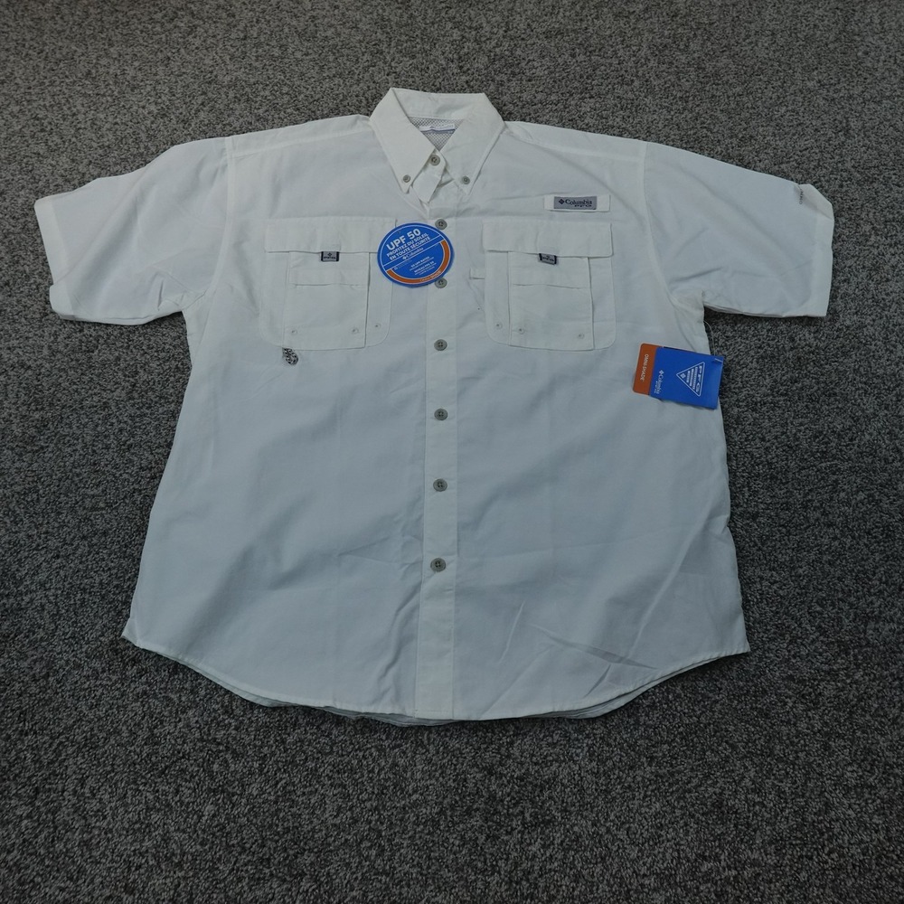 NEW Columbia Shirt Mens S White PFG Bahama II Short Sleeve Fishing Button Up Top
